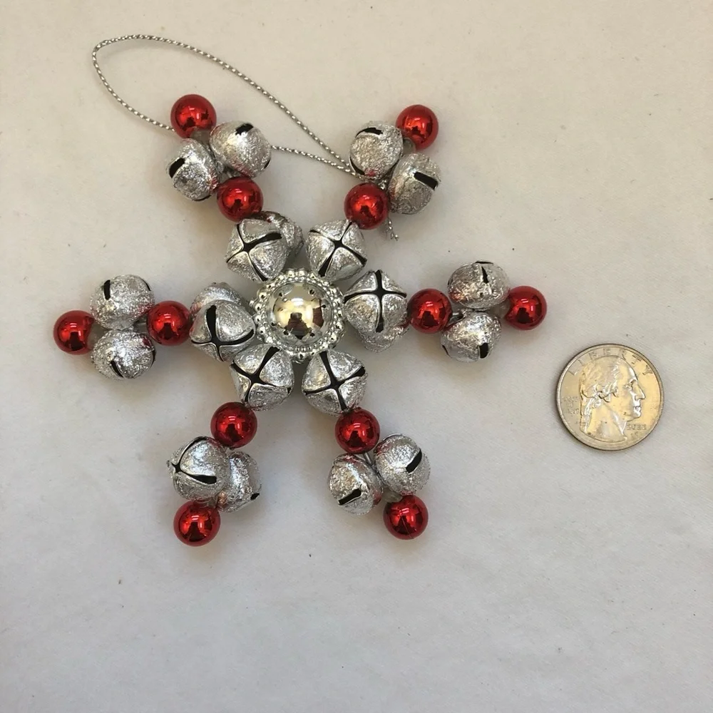 Jingle Bells Snowflake Vintage Christmas Ornament Star Silver Red Rings Hanging